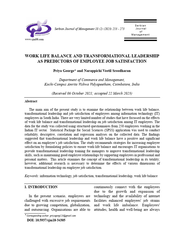 Work Life Balance and Transformational Leadership As Predictors of ...
