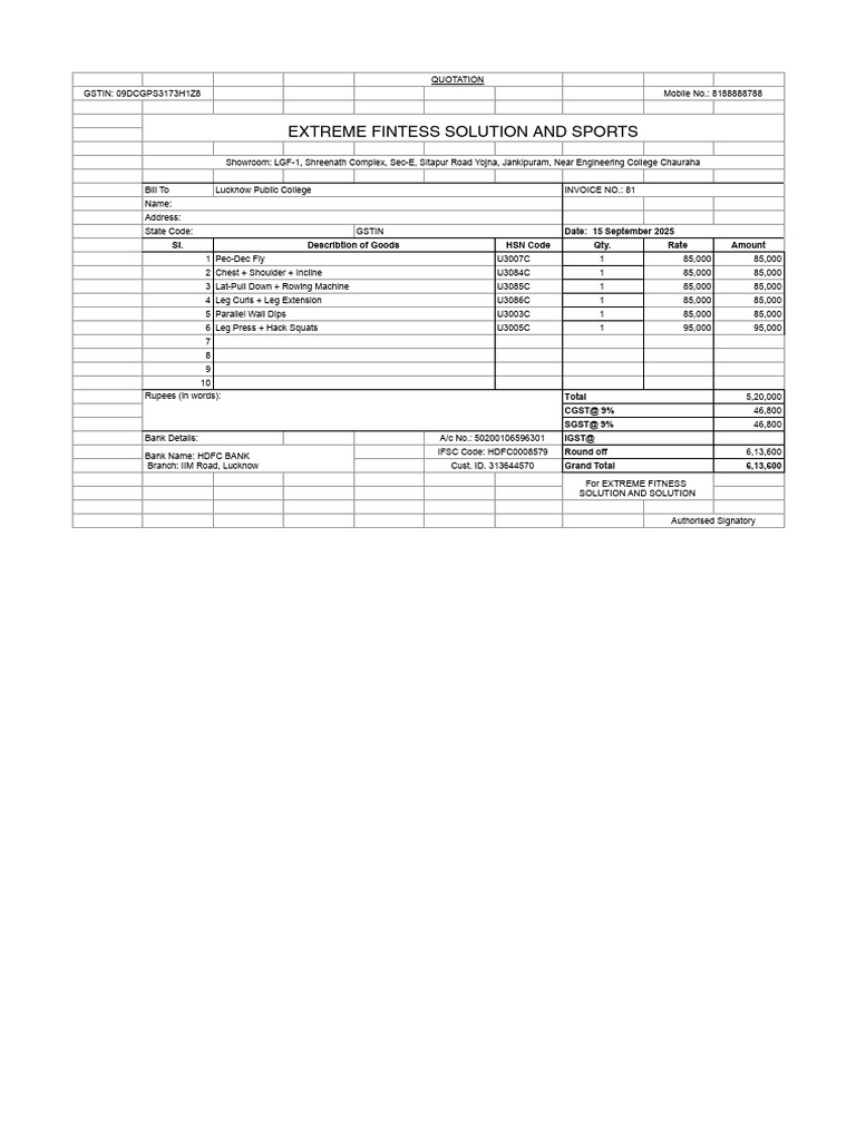 Invoice for Fitness Equipment Purchase | PDF | Economy Of India | Taxation