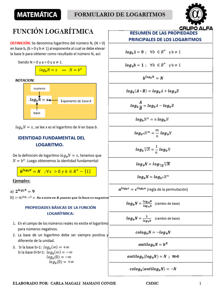 Formulario de Logaritmos | PDF | Logaritmo | Ecuaciones