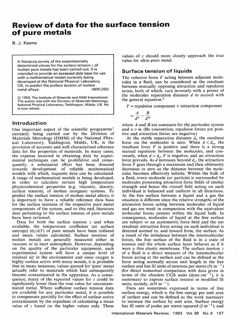 Surface Tension Data of Pure Metals | PDF | Liquids | Surface Tension