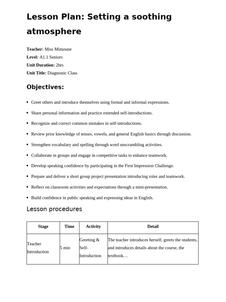 A1.1 Lesson Plan: Self-Introduction Activities | PDF | Teachers ...