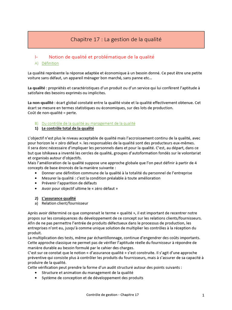 Gestion de la qualité : Concepts et Coûts | PDF | Management de la ...