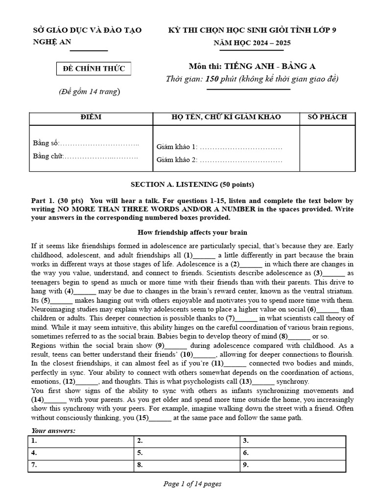Nghệ An 9th Grade English Exam 2024 | PDF | English As A Second Or ...