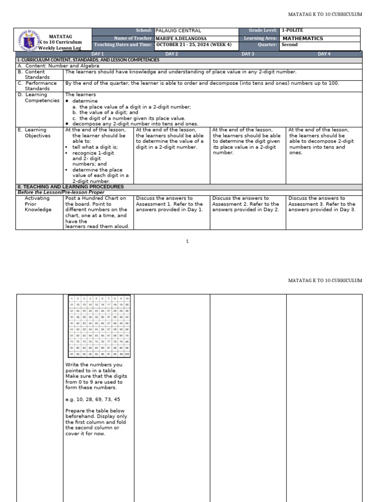 K-10 Math Weekly Lesson Plan | PDF | Curriculum | Learning
