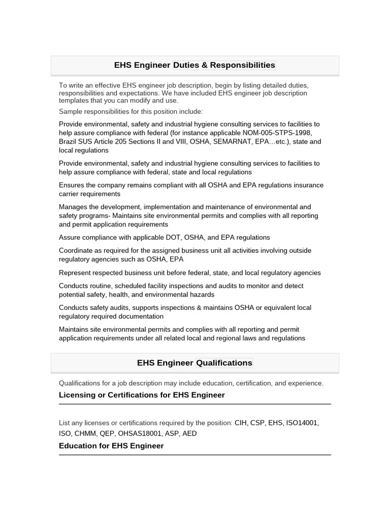 EHS Engineer Duties | PDF
