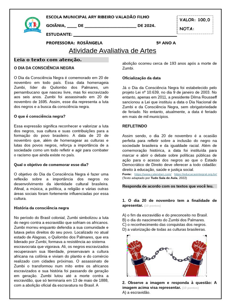 Atividade Avaliativa 4° Bimestre Arte 5º Ano A | PDF