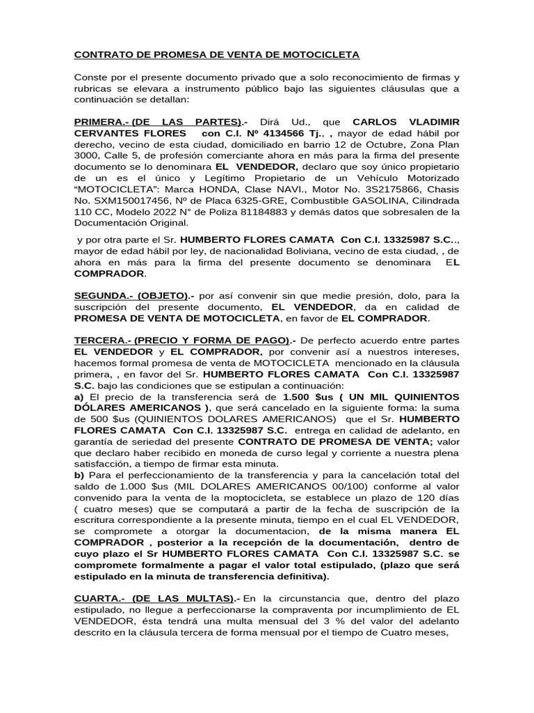 Promesa de Venta de Motocicleta Honda | PDF