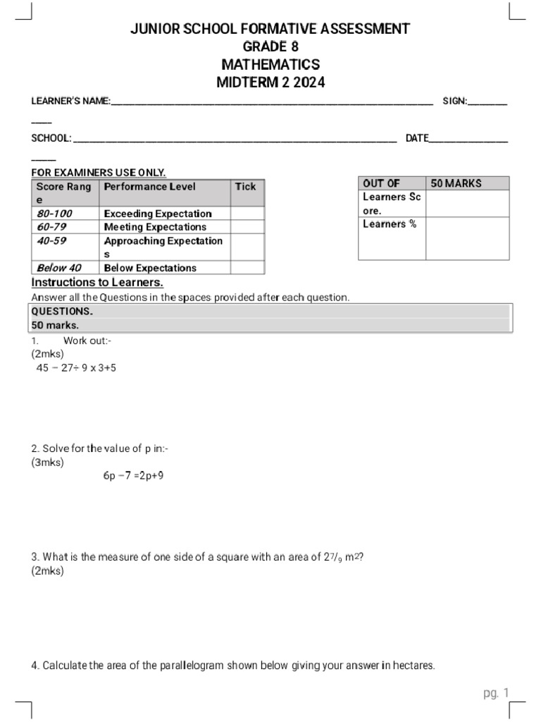 g8 Mathematics 2024 Teacher - Co .Ke 16 Phoenix | PDF