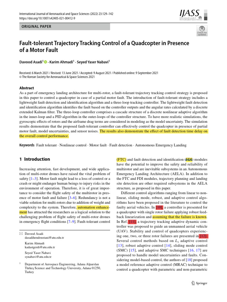 Fault-Tolerant Trajectory Tracking Control of A Quadcopter in Presence ...