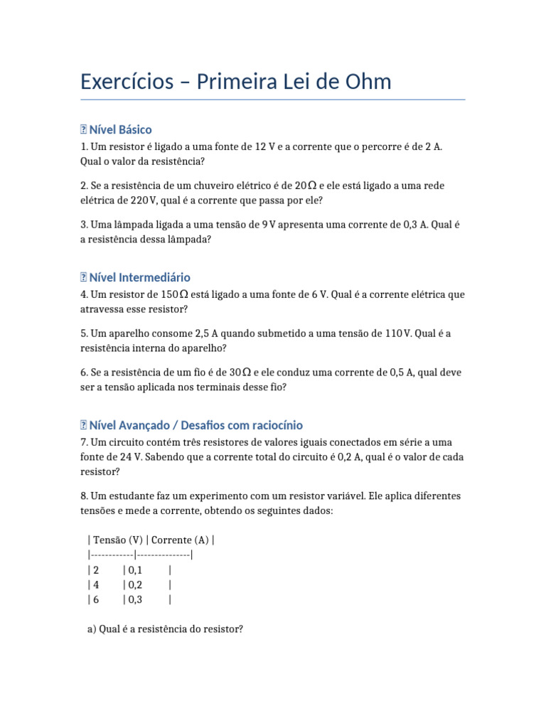 Exercícios sobre a Lei de Ohm | PDF