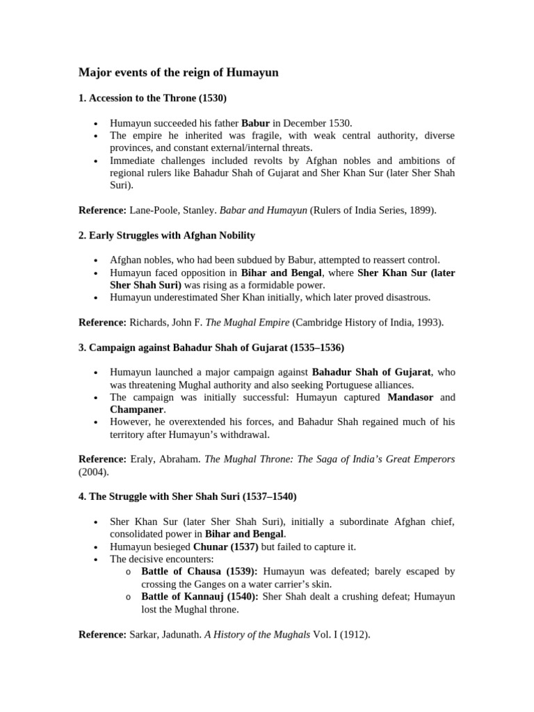 Humayun's Major Reign Events (1530-1556) | PDF | Mughal Empire