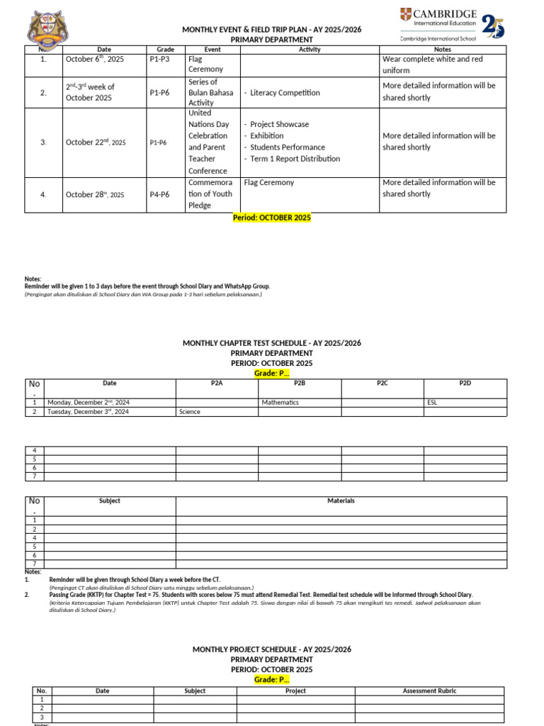 October 2025 Event & Test Schedule | PDF