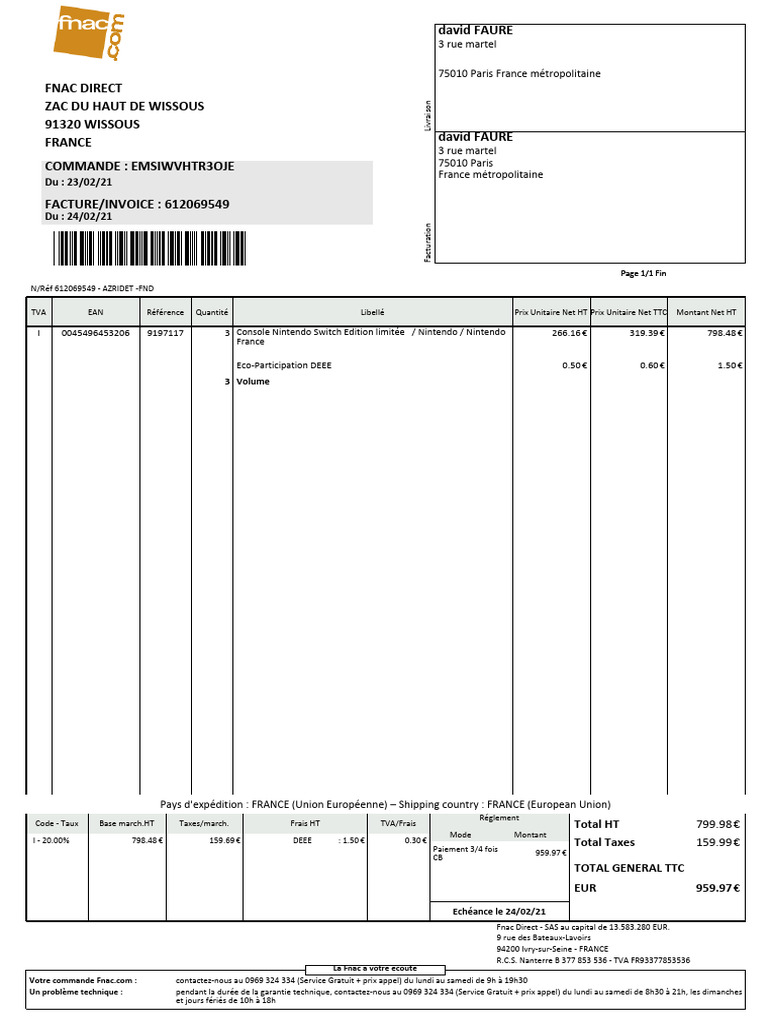Facture Commande Fnac : Détails et Montants | PDF | Taxe sur la valeur ...