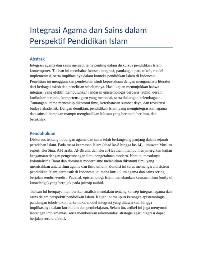 Integrasi Agama dan Sains dalam Pendidikan | PDF