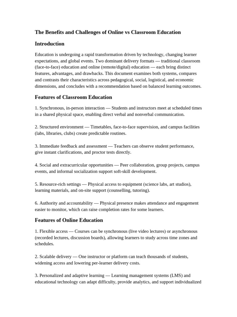Online vs Classroom Education: Pros & Cons | PDF | Distance Education ...