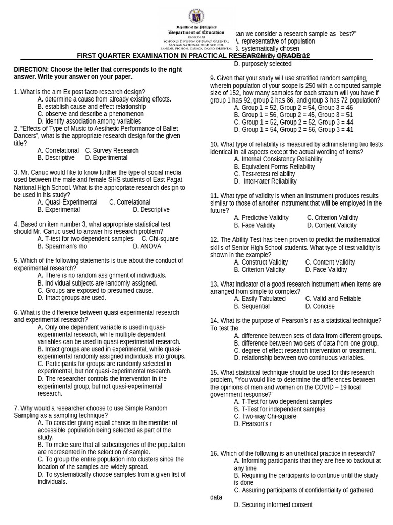 Grade 12 Practical Research Exam Guide | PDF | Validity (Statistics ...