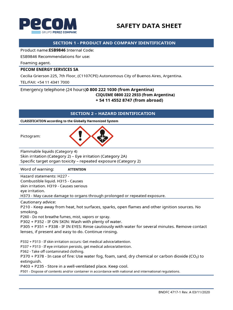 ESB9846 Safety Data Sheet Overview | PDF | Dangerous Goods | Firefighting