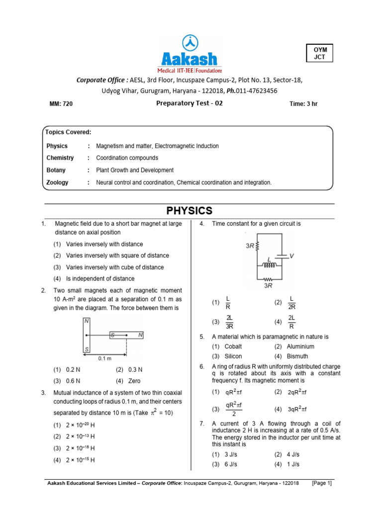 Aakash Educational Services: Physics Test 2 | PDF | Inductor | Inductance