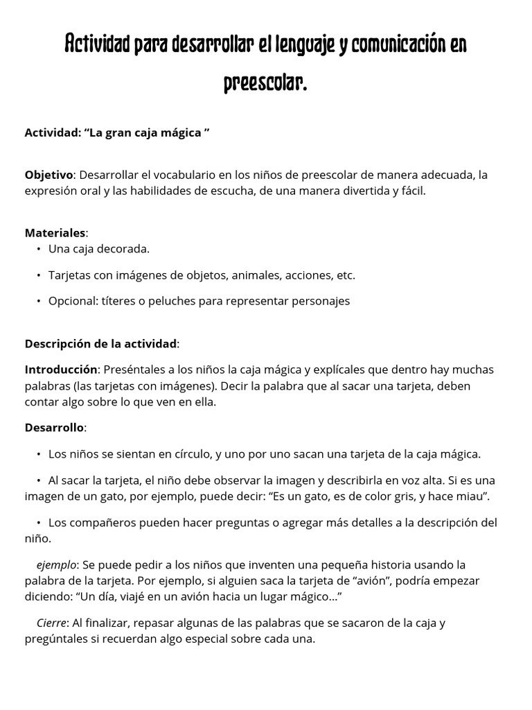 Actividad para Desarrollar El Lenguaje y Comunicación en Preescolar PDF ...
