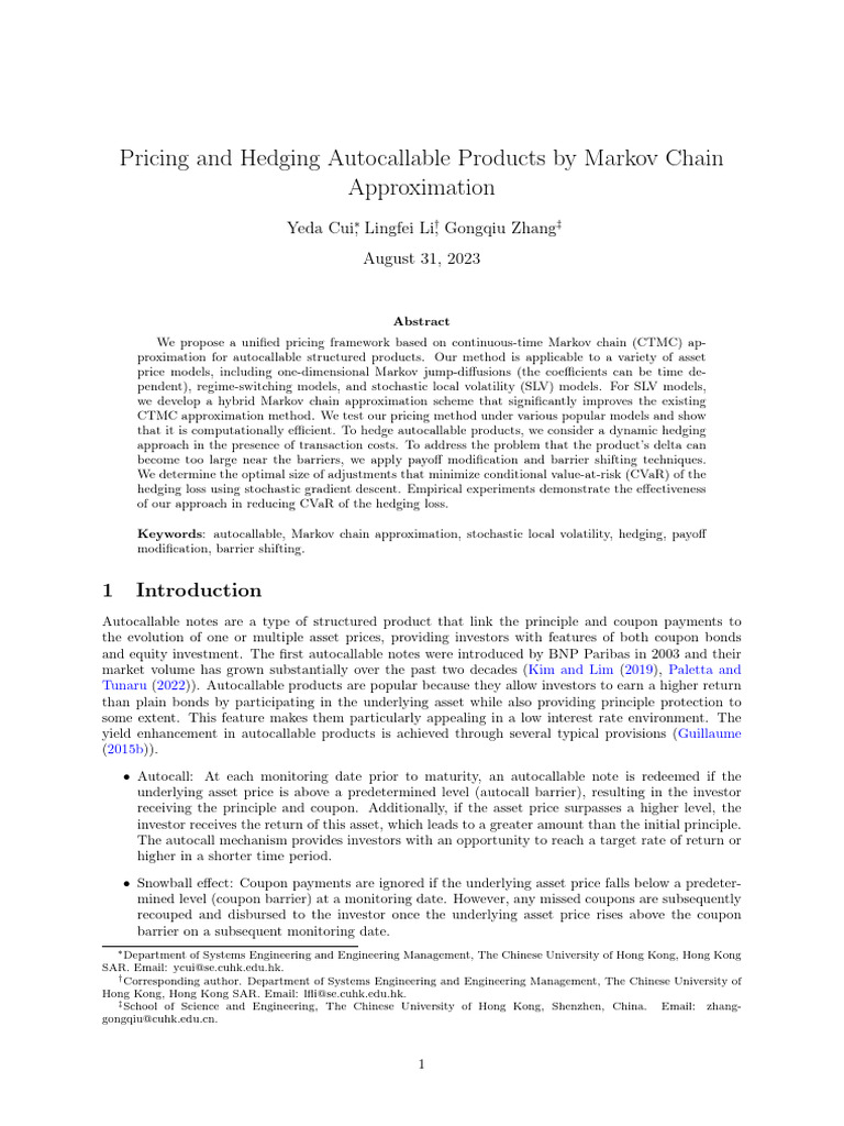 Pricing and Hedging Autocallable Products by Markov Chain | PDF ...
