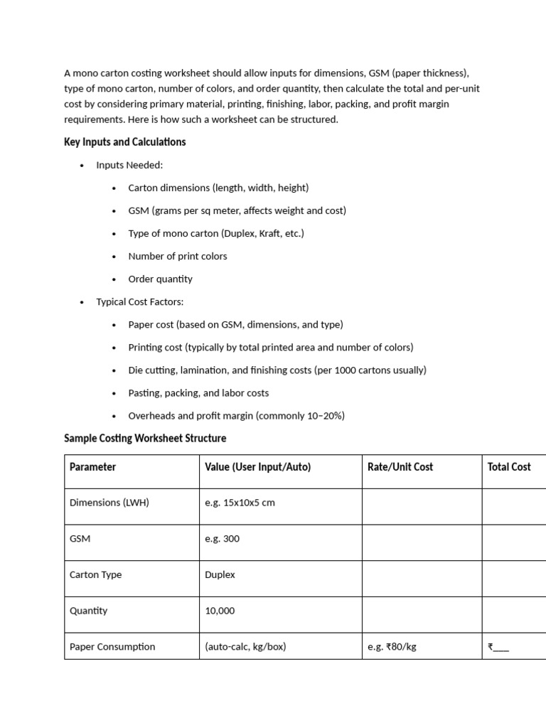 Mono Carton Costing Worksheet Guide | PDF | Paper | Cost