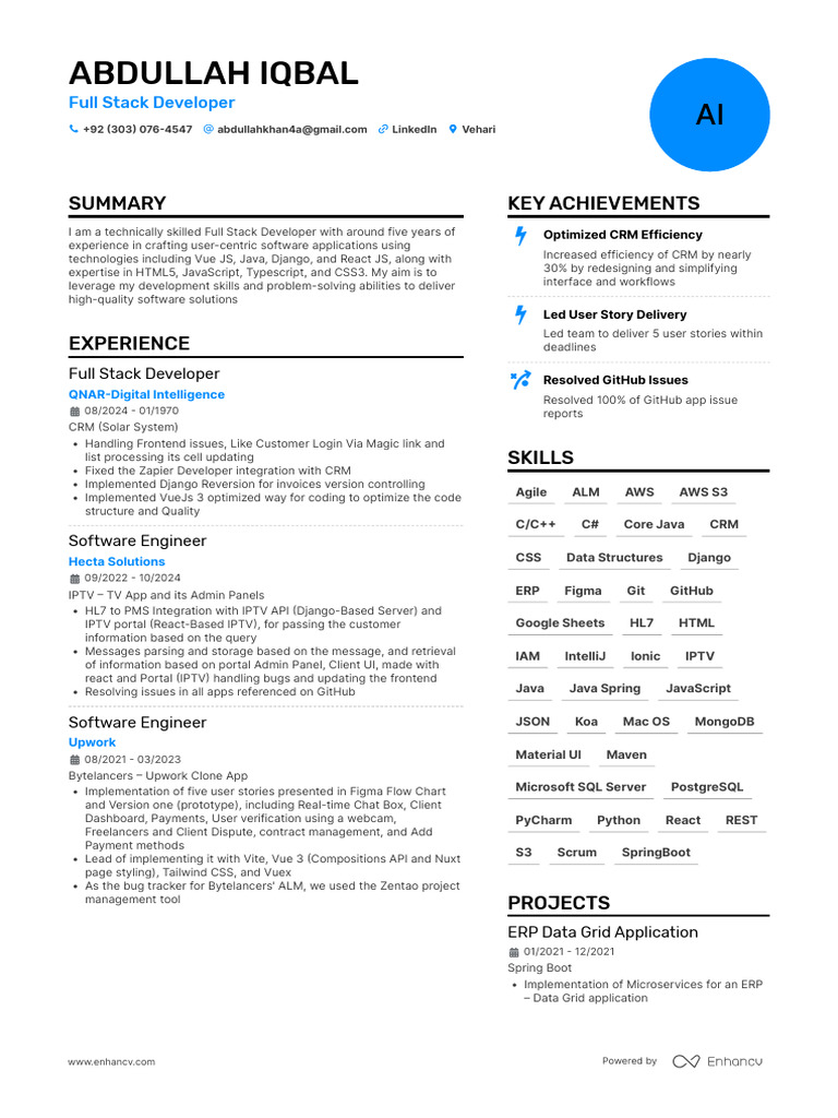 Full Stack Developer Resume - Abdullah Iqbal | PDF | Computing | Software