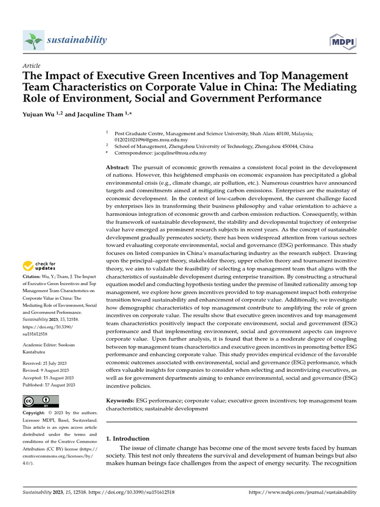 Executive Green Incentives and Corporate Value | PDF | Sustainability ...
