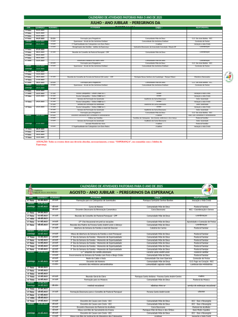 Calendário Pastoral 2025: Atividades e Eventos | PDF | Maria, mãe de ...