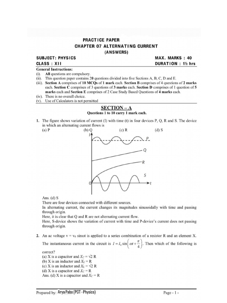 Alternating Current Worksheet | PDF