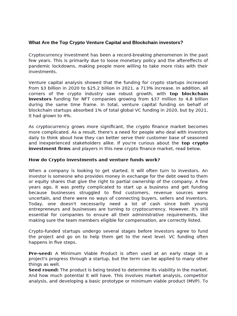 What Are The Top Crypto Venture Capital and Blockchain Investors | PDF | Venture  Capital | Corporate Finance