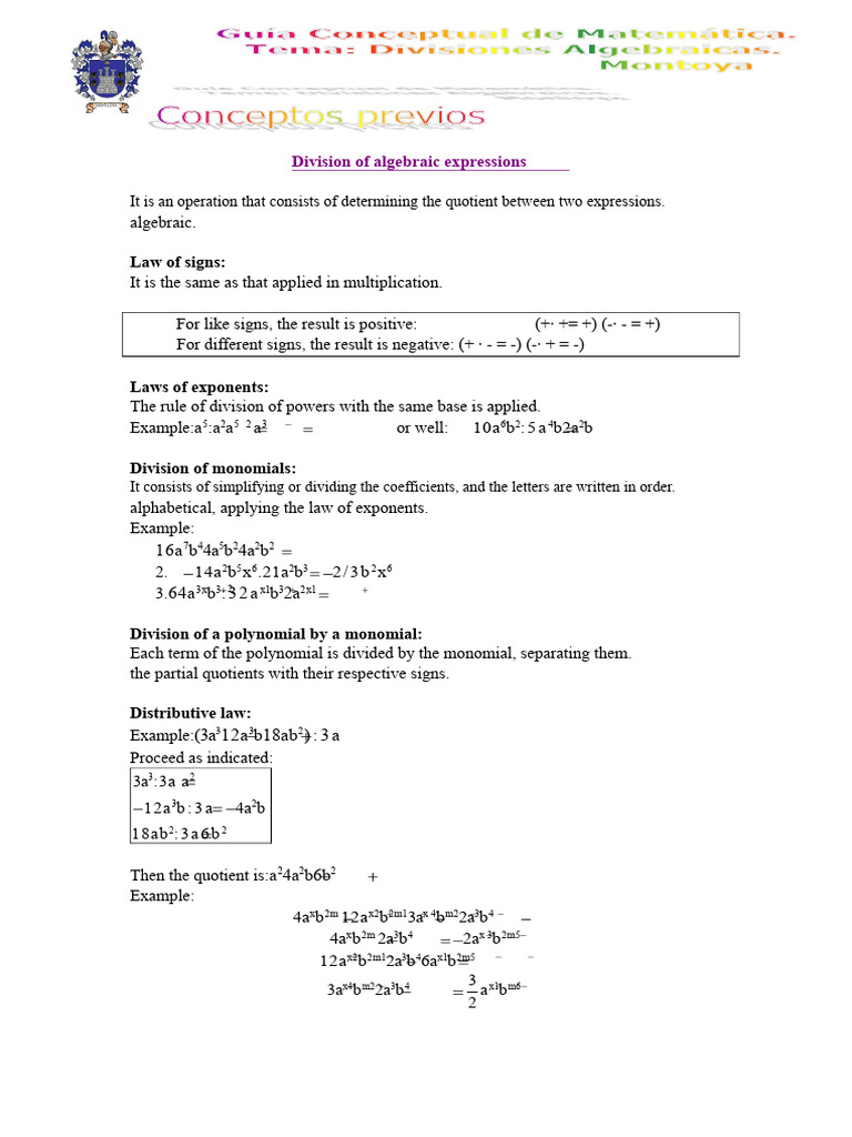 Dividing Algebraic Expressions Guide | PDF | Division (Mathematics ...