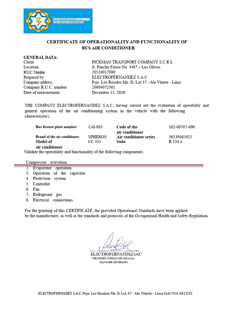 Bus Air Conditioner Functionality Certificate | PDF | Air Conditioning ...
