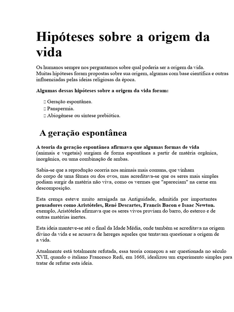 Hipóteses sobre a Origem da Vida | PDF | Abiogênese | Vida