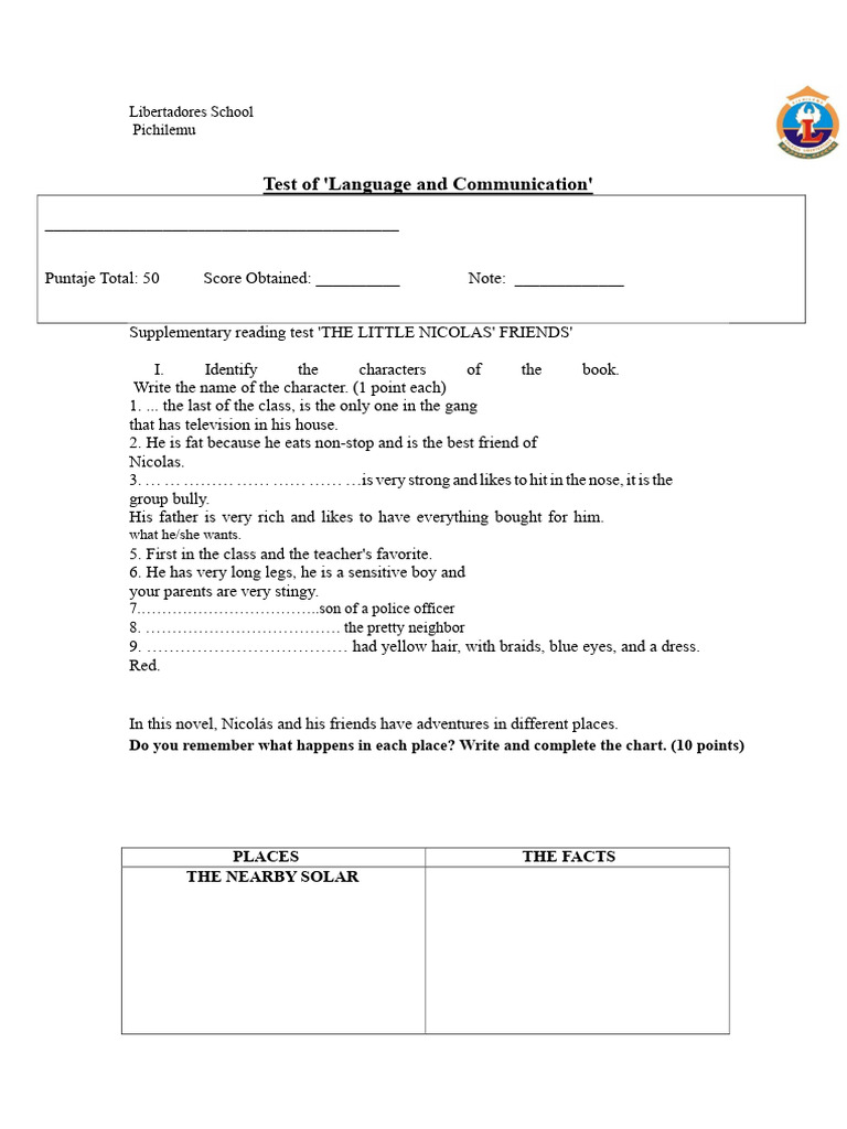Language Test: The Little Nicolas Characters | PDF