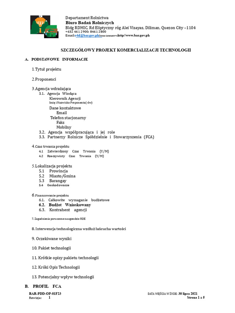 BAR-PDD-OP-01F23 Rev. 1 Format Szczegółowej Propozycji Komercjalizacji ...
