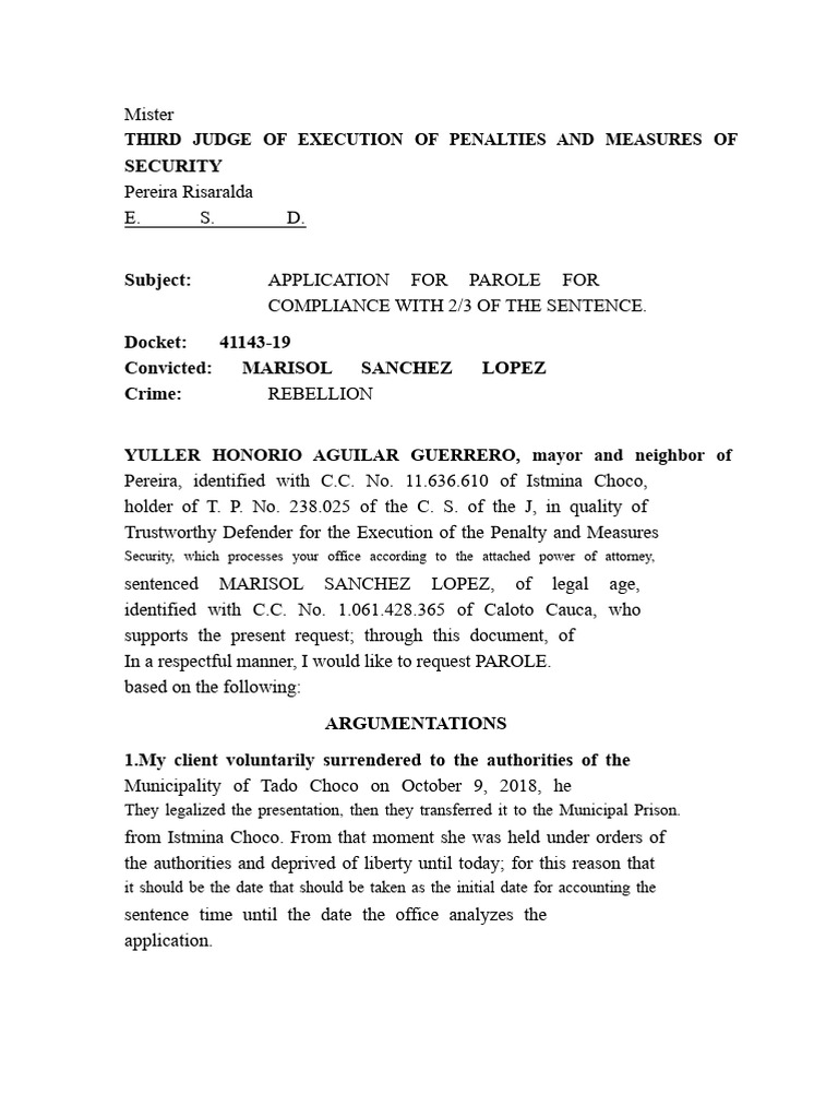 Parole Application for Marisol Sanchez Lopez | PDF | Prison | Fine ...