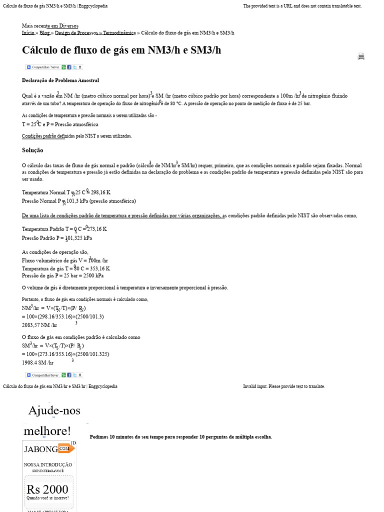 Cálculo de Fluxo de Gás NM3/h e SM3/h | PDF | Pressão | Temperatura