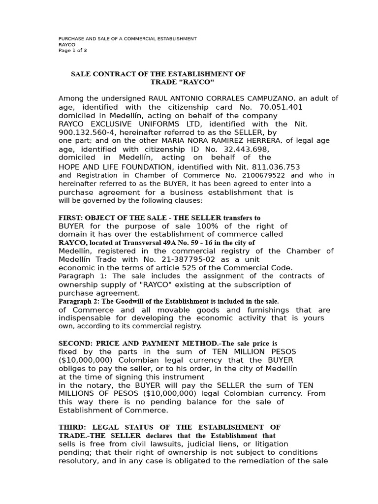 Purchase Agreement For A Commercial Establishment | PDF | Sales | Prices