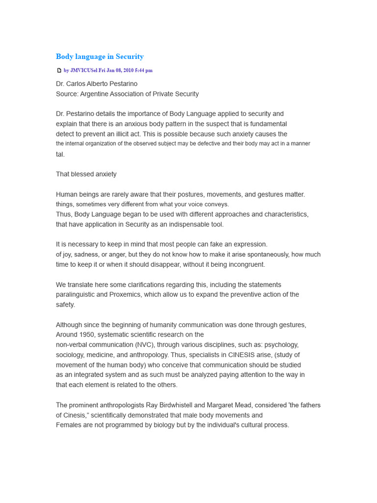 Body Language's Role in Security | PDF | Body Language | Nonverbal ...