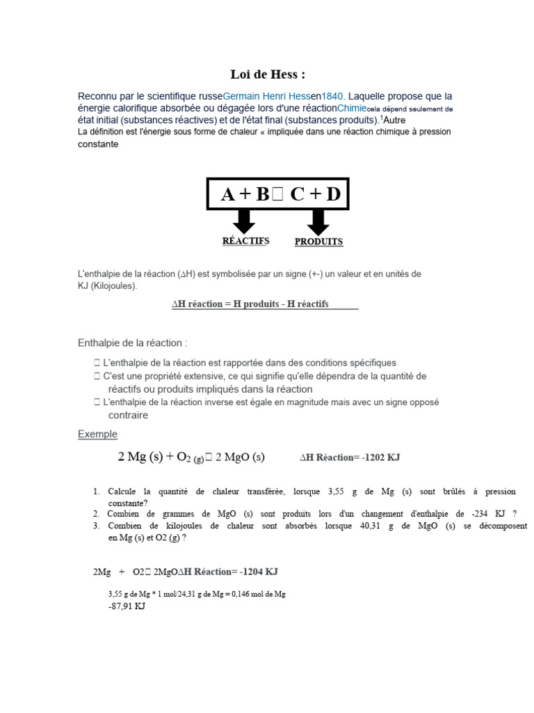 Loi de Hess et Enthalpie des Réactions | PDF | Enthalpie | Réactions ...