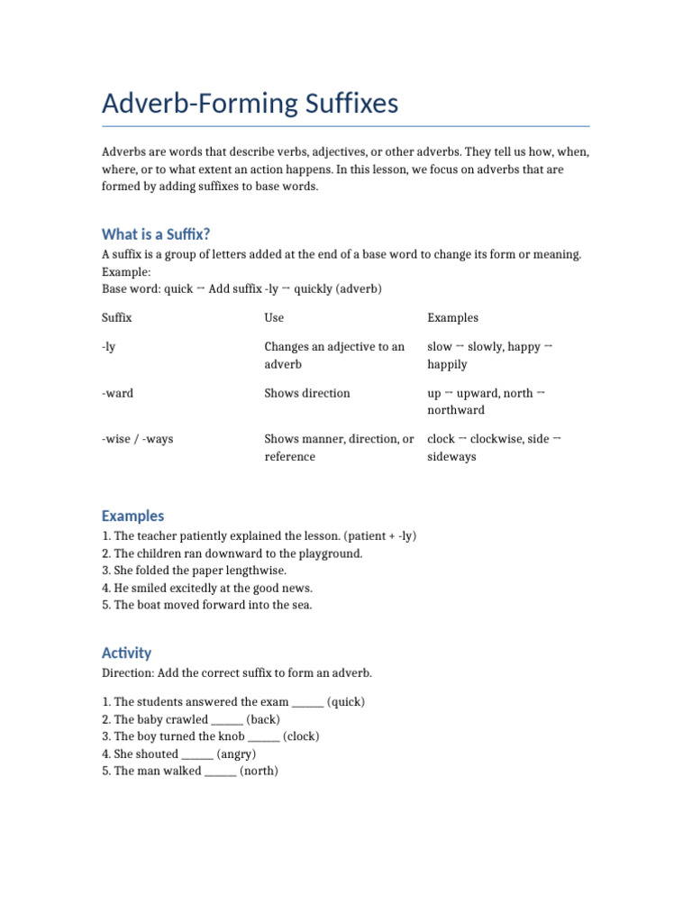 Adverb Forming Suffixes Handout | PDF