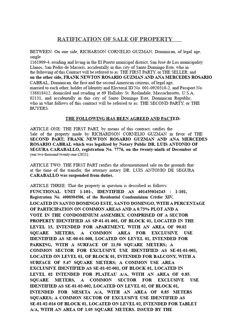 RATIFICATION OF SALE OF REAL ESTATE (FRANK) For Printing | PDF ...