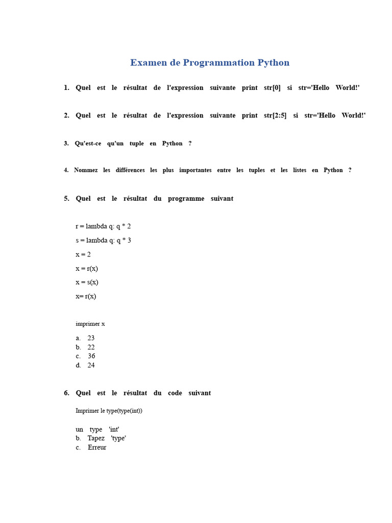 Examen de Programmation Python | PDF | Python (Langage de programmation ...