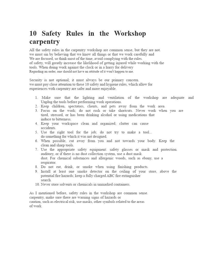 Essential Carpentry Workshop Safety Rules | PDF | Personal Protective ...