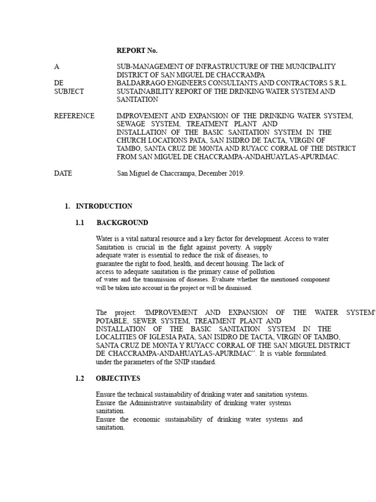 San Miguel Chaccrampa Water System Report | PDF | Sanitation | Drinking ...