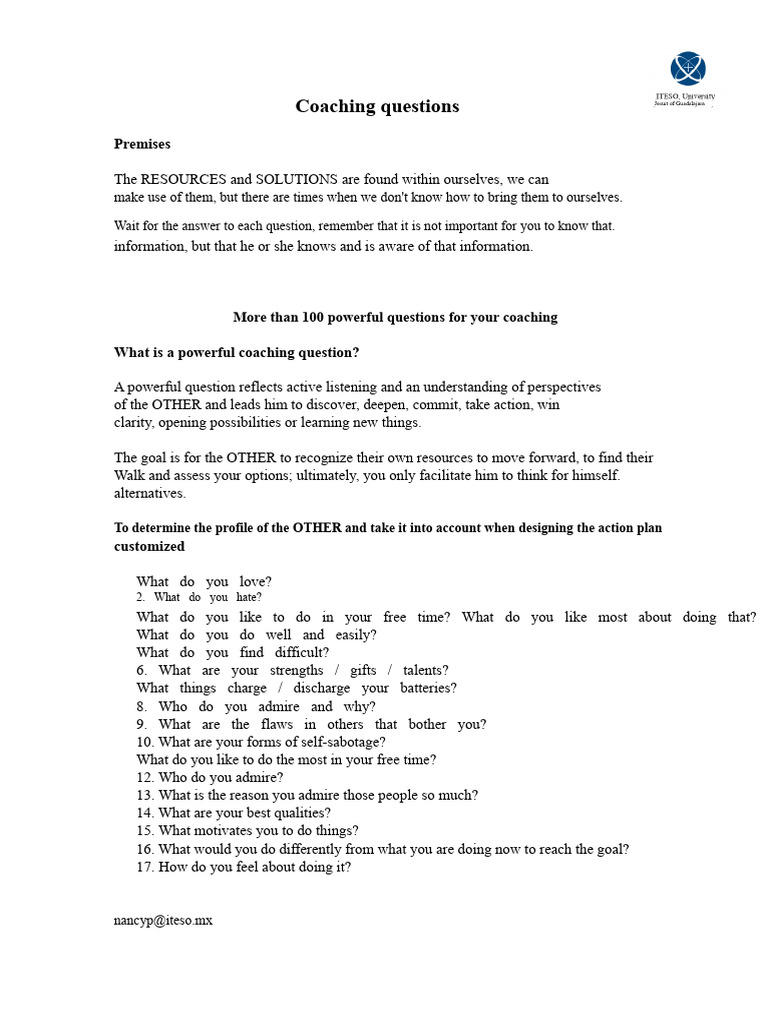 100+ Powerful Coaching Questions | PDF | Goal | Cognitive Science
