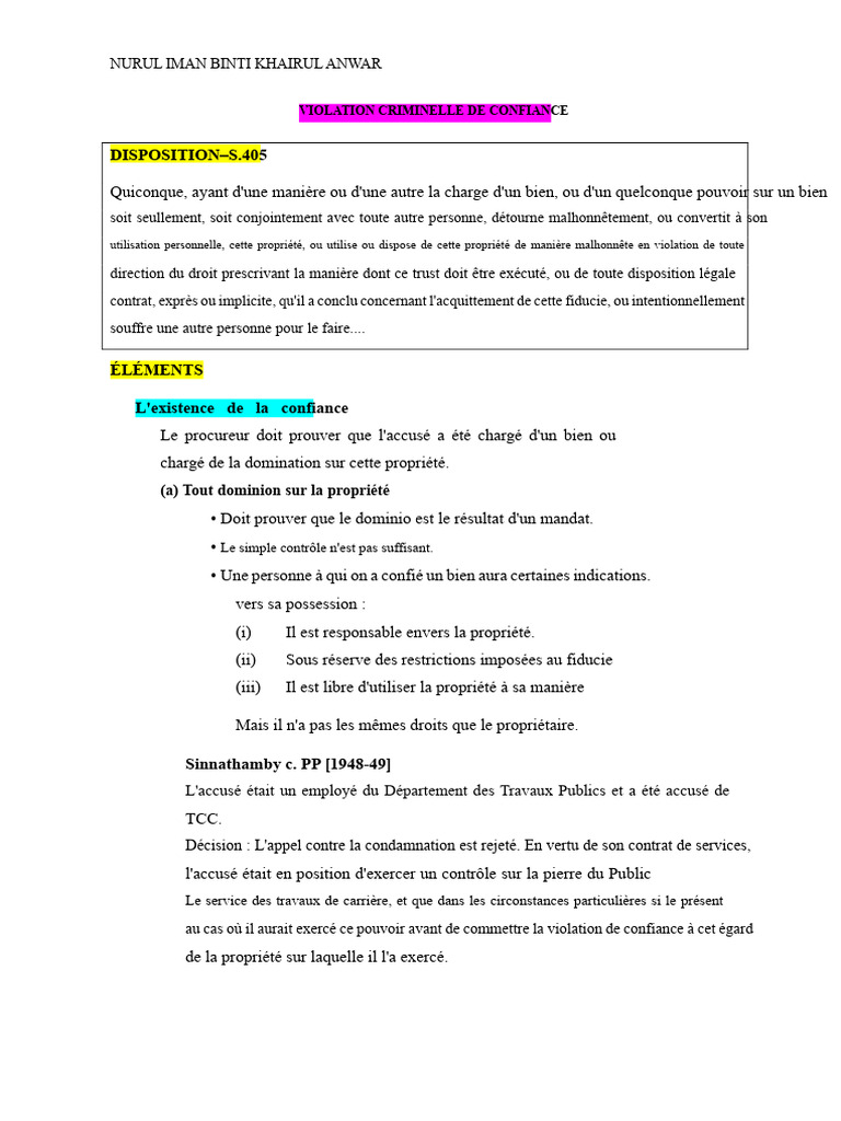 Notes - VIOLATION CRIMINEL DE LA CONFIANCE | PDF | Crimes | Crime et ...