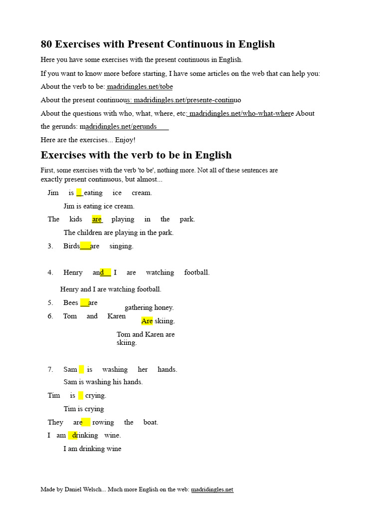 80 Present Continuous Exercises | PDF