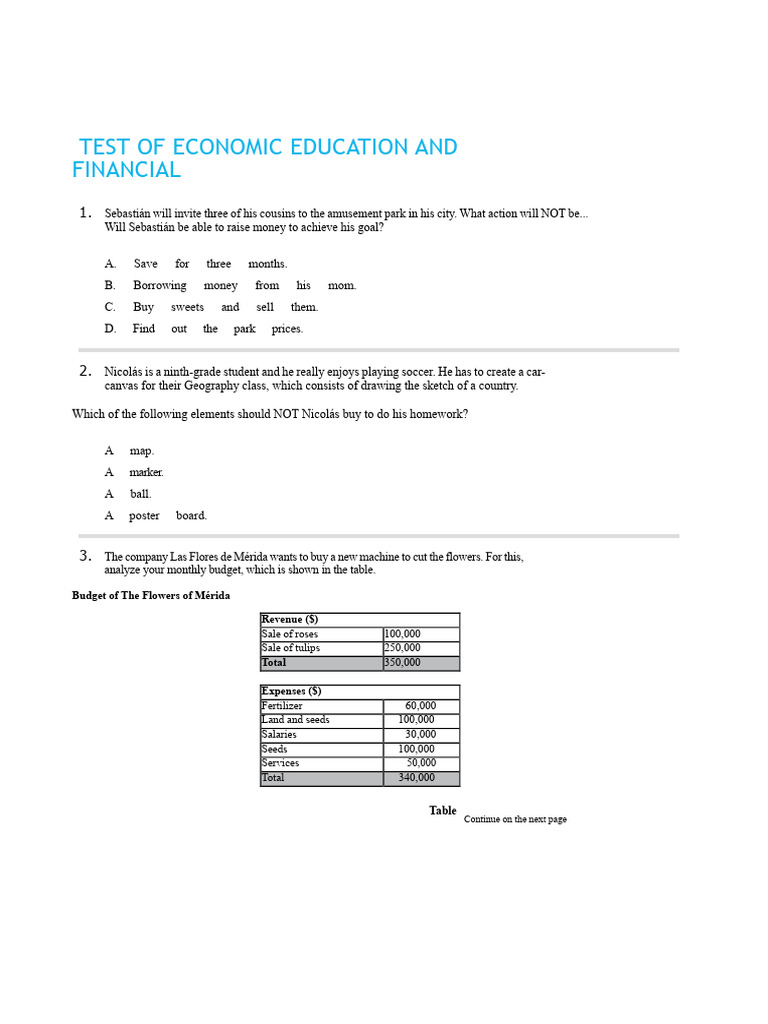 ECONOMIC AND FINANCIAL EDUCATION TEST Grade 9 | PDF | Interest | Prices