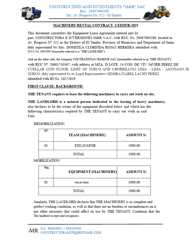 Machinery Rental Agreement - M&R SAC | PDF | Landlord | Lease